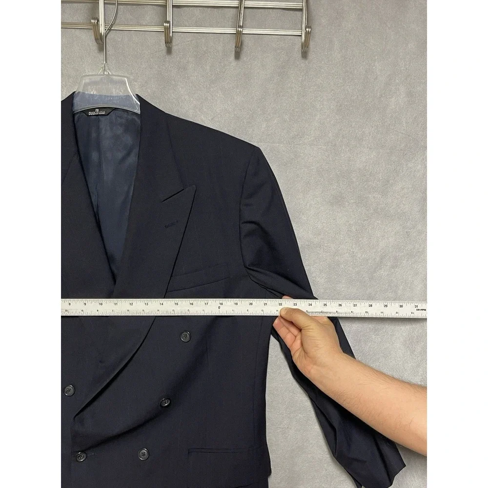 Perry Ellis Suit Men 42R Navy Striped Double Breasted Wool 36x32 Pants Luxury